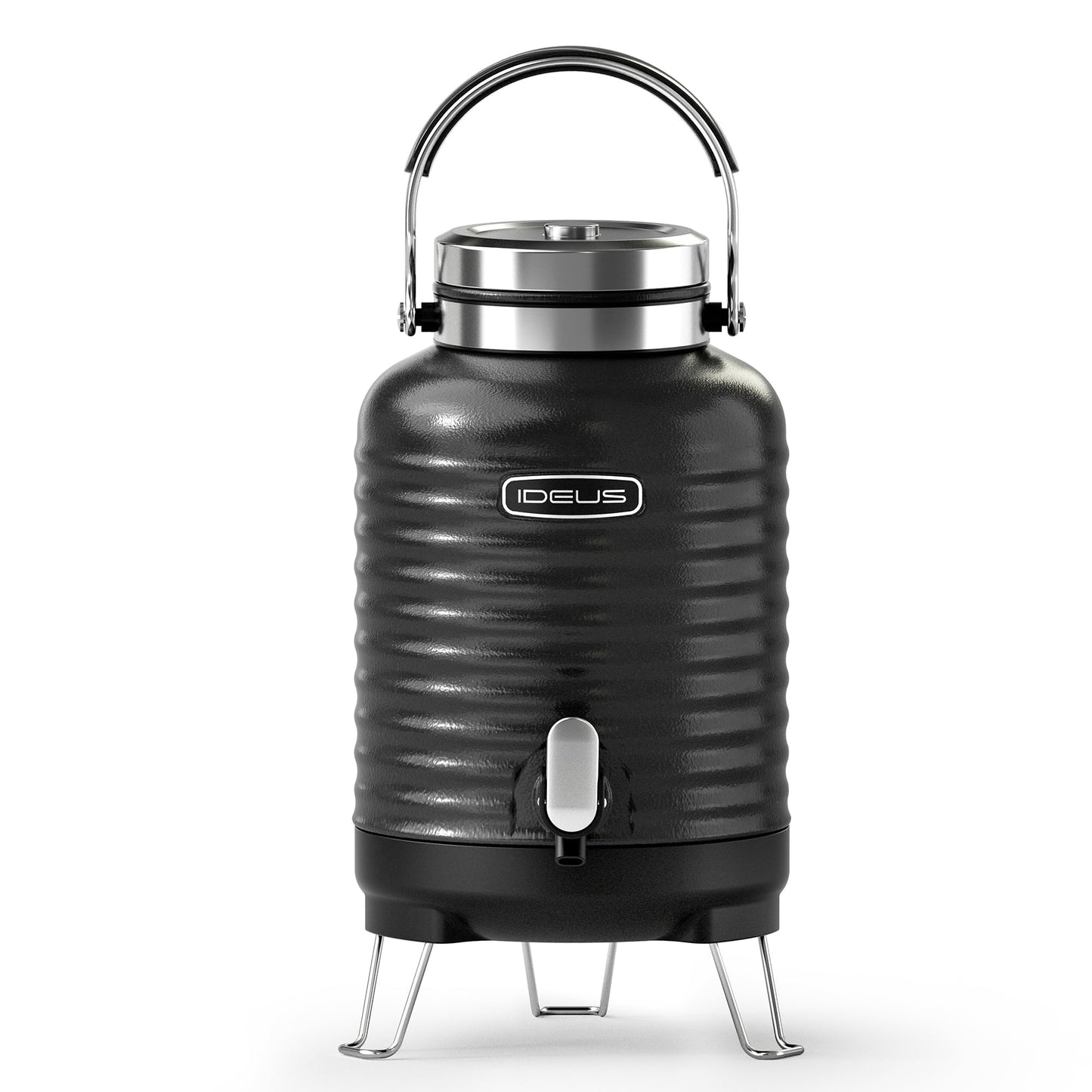 IDEUS Insulated Beverage Dispenser, All-in-one for Camping Vacuum Double-Wall Stainless Steel Water Cooler Coffee Carafe Jug Leakproof Drink Container with Handle, Spigot & Stand (Black, 1,4gal)