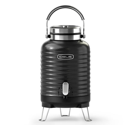 IDEUS Insulated Beverage Dispenser, All-in-one for Camping Vacuum Double-Wall Stainless Steel Water Cooler Coffee Carafe Jug Leakproof Drink Container with Handle, Spigot & Stand (Black, 1,4gal)