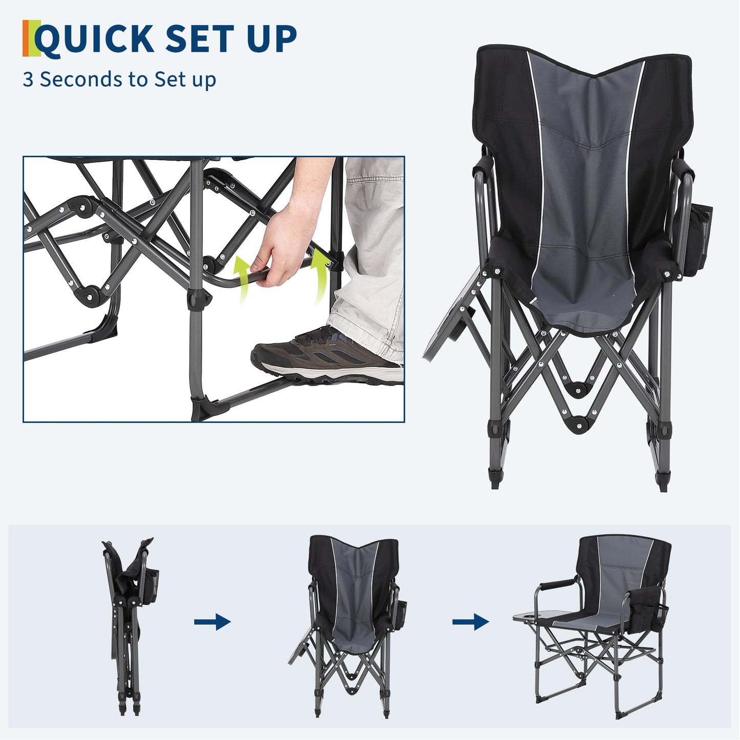 GarveeLife Oversized Directors Camping Chair Set of 2, Portable Folding Chair for Adults Support 400 LBS, Heavy Duty Lawn Chair with Side Table, for Camping, Sports, Picnic, Beach, Fishing, Black
