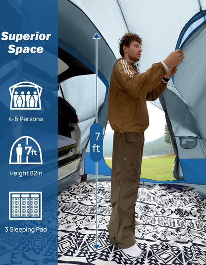 JOYTUTUS SUV Tent for Camping with Rainfly, Double Door Design Car Tent with Aluminum Poles, SUV Tailgate Tent with Waterproof PU2000mm Double Layer for 4-8 Person, Blue