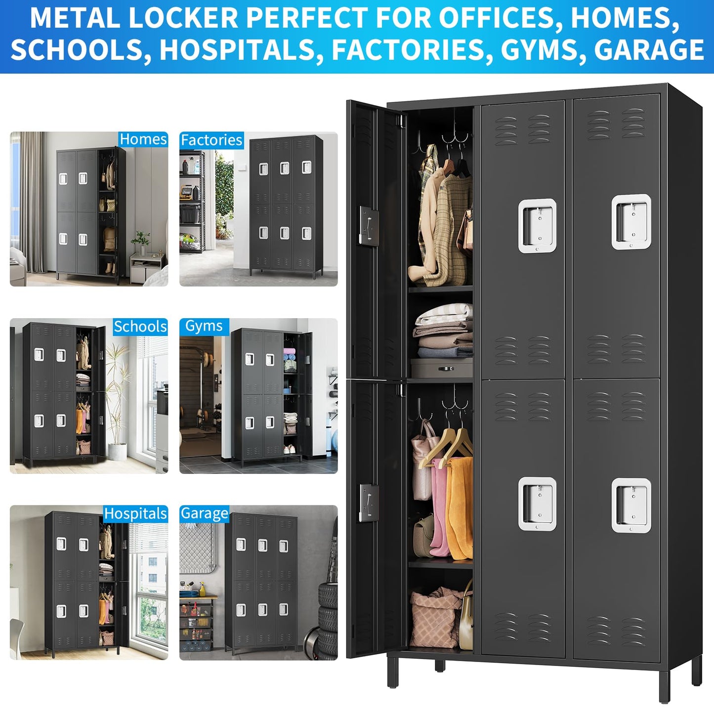 6-Door Employee Metal Locker Cabinet with 12 Hooks & 6 Adjustable Shelves, Lockable Steel Storage Cabinet for Office, Gym, Garage & School