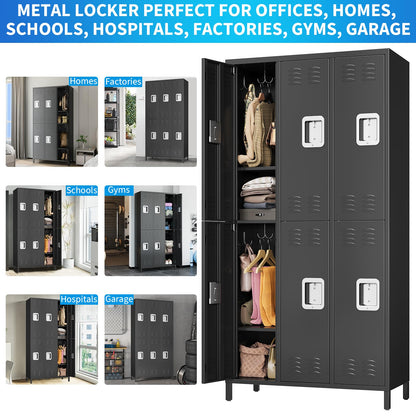 72" Industrial-Grade 9-Door Steel Storage System - 9 Shelves + 29 Multi-Purpose Hooks, Modular Locker Cabinet for Warehouse/School/Home Gym (Reinforced Steel Frame + Anti-Slip Base Plates) - Black