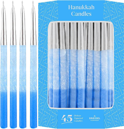 The Dreidel Company Deluxe Hanukkah Candles Metallic Silver with Blue Frost Hanukkah Frosted Premium Tapered Hand Decorated Chanuka Candles Set of 45. 1-Hour Burn Time