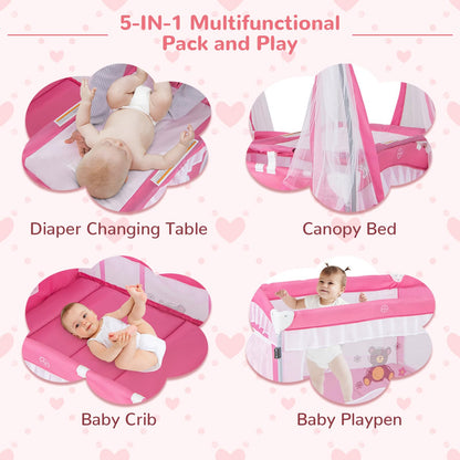 HONEY JOY 4-in-1 Pack and Play with Canopy, Portable Baby Playard w/Changing Table and Infant Bassinet, Cute Toys & Music, Foldable Bassinet for Newborn and Toddler (Hot Pink)