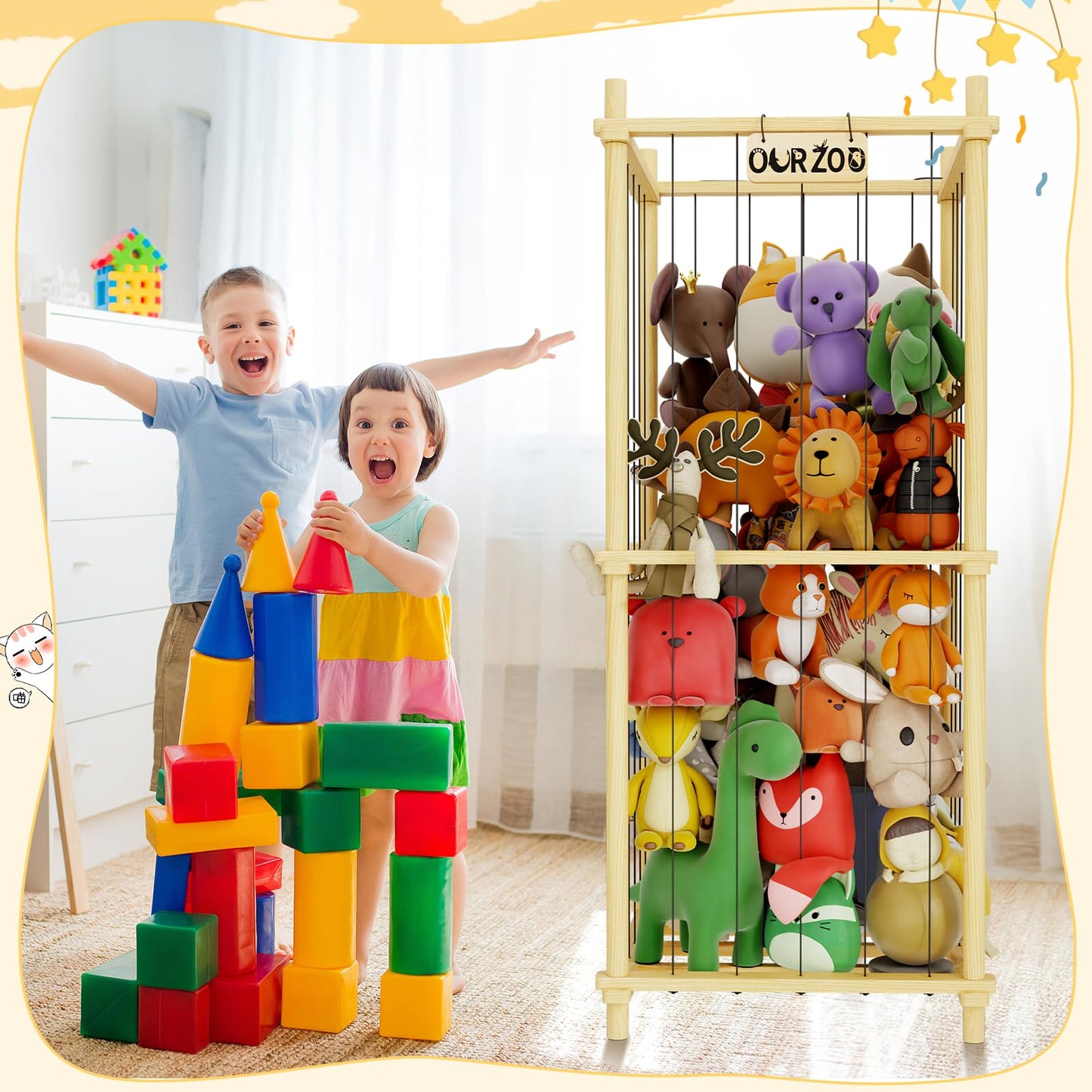 HAIDAIYA Stuffed Animal Zoo Storage Cage Wooden, Wood Extra Large Stuffed Animal Storage Basket, Toy Storage for Big Stuffed Animals, Large Toy Chest for Kids Girls Boys Toy Organizer Holder