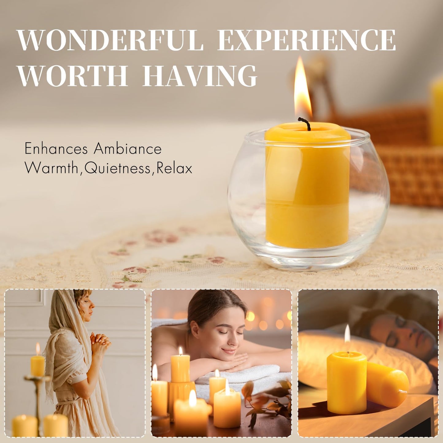 GINITIRI Natural Beeswax Votive Candles,11-12 Hours Unscented Votive Candles Bulk,6 Pack Beeswax Candle for Prayers,100% Pure Bees Wax Candles for Spa Relax