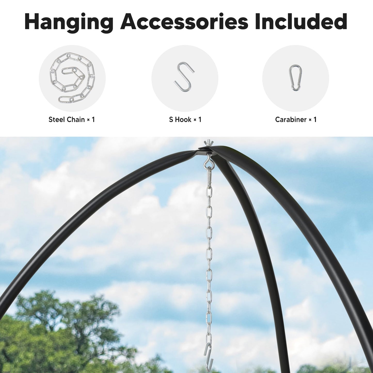 SUNCREAT Tripod Hanging Chair Stand – 400lbs Capacity, Heavy Duty Steel, Rust Resistant, Stable Hammock Frame for Air Porch, Indoor/Outdoor Use – Swing Not Included, Black