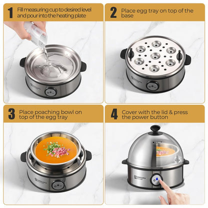 Annie & Mia Design Electric Egg Cooker, All Stainless Steel 7 Egg Capacity egg boiler, 360W, Hard, Medium, Soft Boiled Egg Poacher, egg steamer, Multi-function, Auto Shut-Off Function, BPA-free