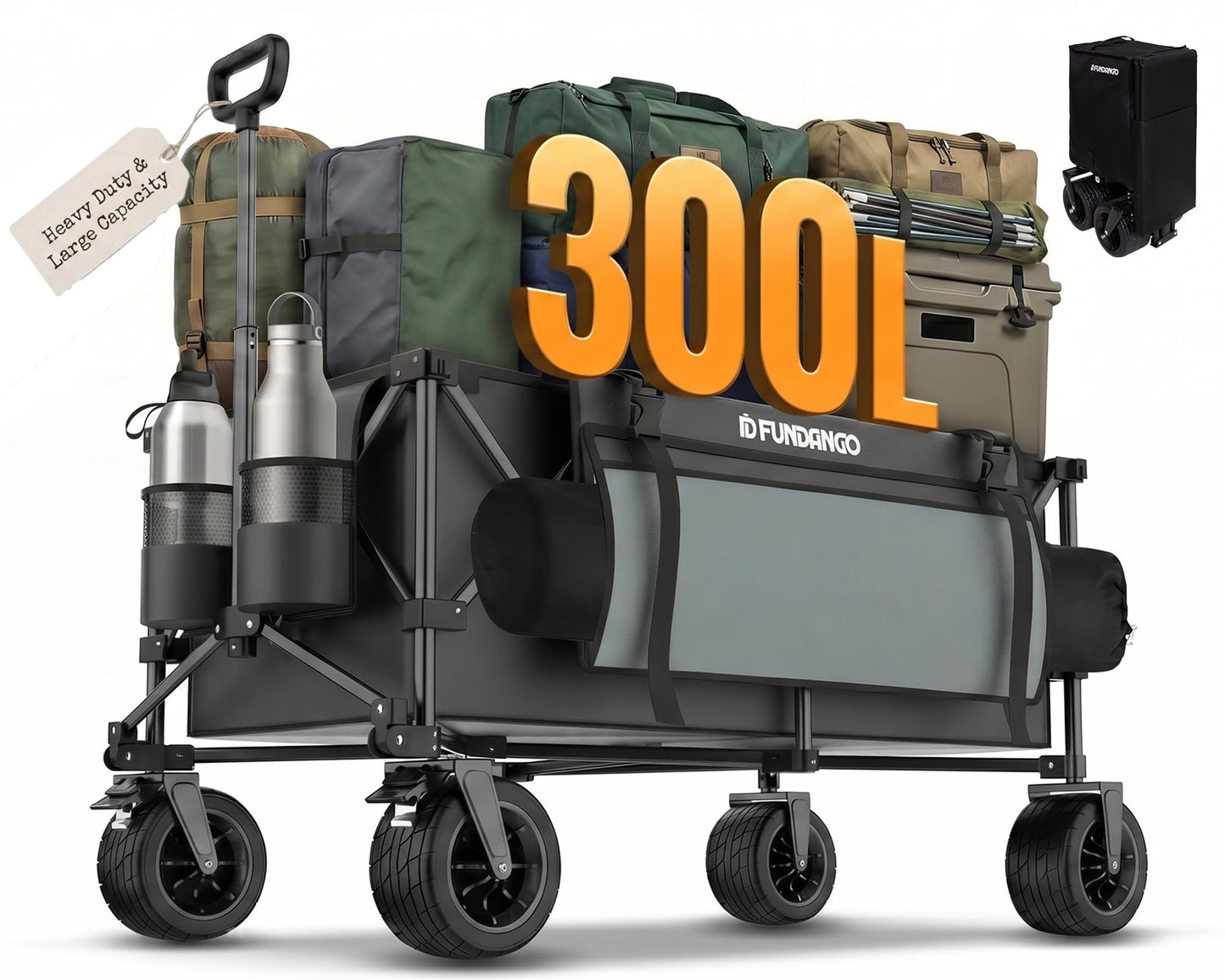 FUNDANGO Heavy Duty Collapsible Wagon 47" L x 24" W, 300L Large Capacity Foldable Cart with Big All-Terrain Wheels for Camping, Beach, Garden & Shopping