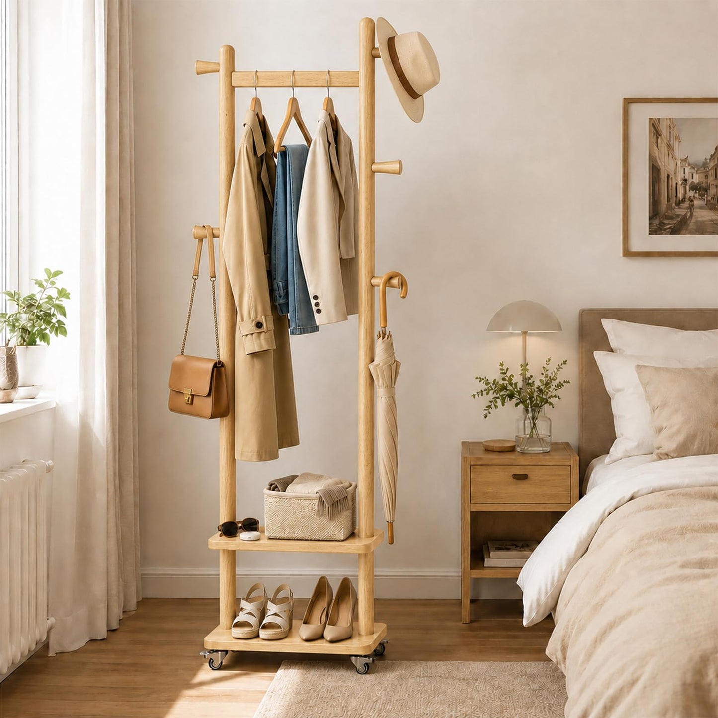 Solid Wood Coat Rack Freestanding Clothing Rack with Wheels & 2 Shelves Storage & 5 Hooks Heavy Duty Clothes Rack Wood Coat Tree Stand Hat Hanger Rack for Corner Bedroom Entryway Living Room Hotel