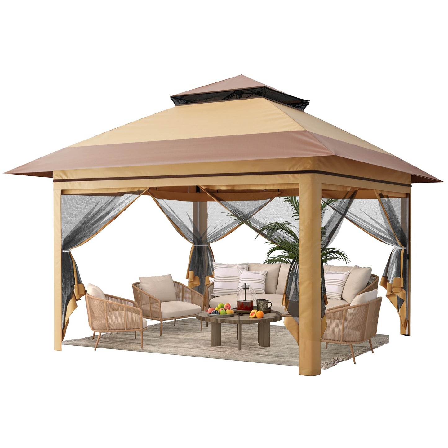 Driftalia 13x13 Pop Up Gazebo, Instant Outdoor Gazebo with Mosquito Netting, Vented Roof and Carry Bag for Patio, Garden & Backyard - Beige & Coffee