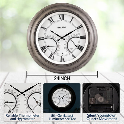 ANDY STAR 24 Inch Outdoor Clocks Waterproof,Large Outdoor Wall Clocks for Garden Patio Pool, Modern Lighted Metal Clock Battery Operated with Thermometer&Hygrometer, Gray Oak Wooden Non Ticking