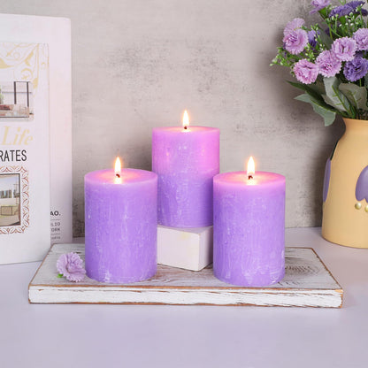 Cafemoon 3 Pack 3x4 Inch Lavender Scented Pillar Candles, Rustic Rough Textured Purple Candles, 35+ Hours Long Burning Smokeless Dripless for Home Decor Bathroom Shelf Dinner Party Spa Gift