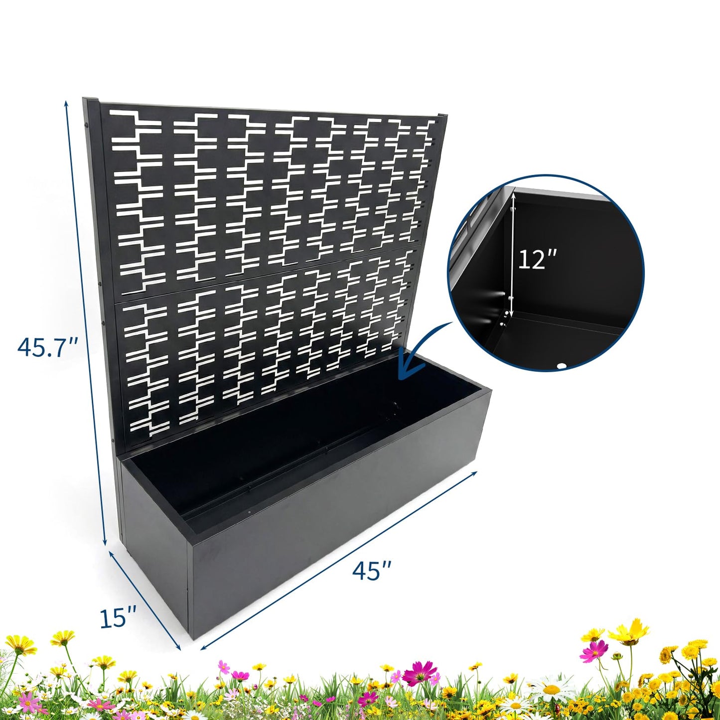 Privacy Planters for Patio, Metal Raised Garden Bed with Trellis and Privacy Screen, 46" x 45" x 15" Planter Box with Drainage Holes for Climbing Plants, Vegetables, Vines, Outdoor Backyard Black