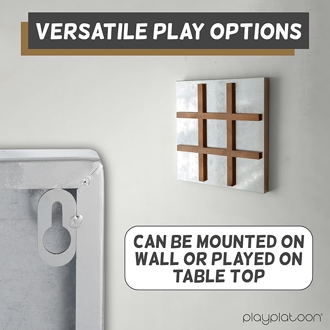 Play Platoon Metal &amp Wood Magnetic Tic Tac Toe Wall Mounted Games - 13.5 Inch Table Top Playroom Decor or Wall Mounted Room Decor - Rustic Board Game Room Accessories