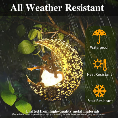 QCF Solar Garden Fairy Statue with Hanging Lights, Bronze Color, Fairy Moon, Model JY10003, Outdoor Metal Yard Art