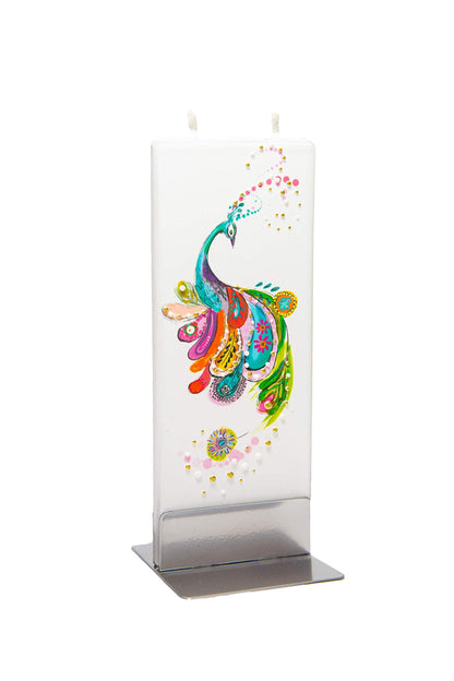Flatyz Hand Painted Flat Candle| Unscented, Dripless, Smokeless, Decorative | Peacock | Double Wick with Metal Base | Unique Gift Idea and Home Décor Accent