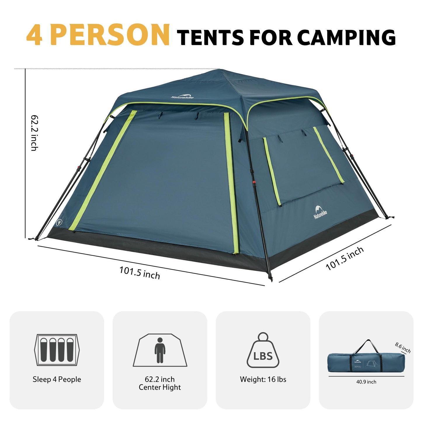 Naturehike Cape Lite 4-6 Person Camping Tent, Easy Setup in Seconds Instant Cabin Tents for Family Camping & Hiking