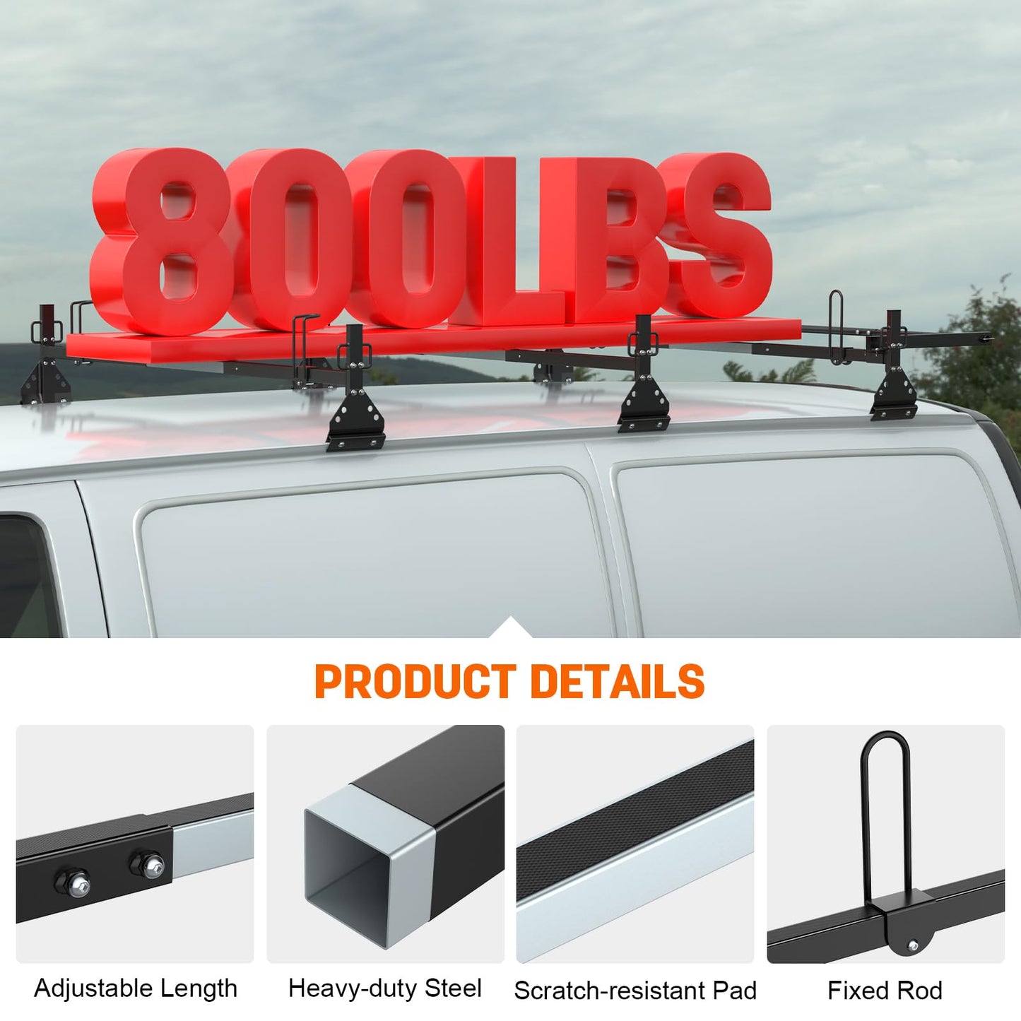 Universal Van Roof Ladder Racks with Rear Roller-3 Bars,Adjustable Length 46.8''-63.4'',Compatible with 1996-up Chevy Express 1500 2500 3500,Ford Econoline GMC Savana Fullsize .800LBS Load-Capacity