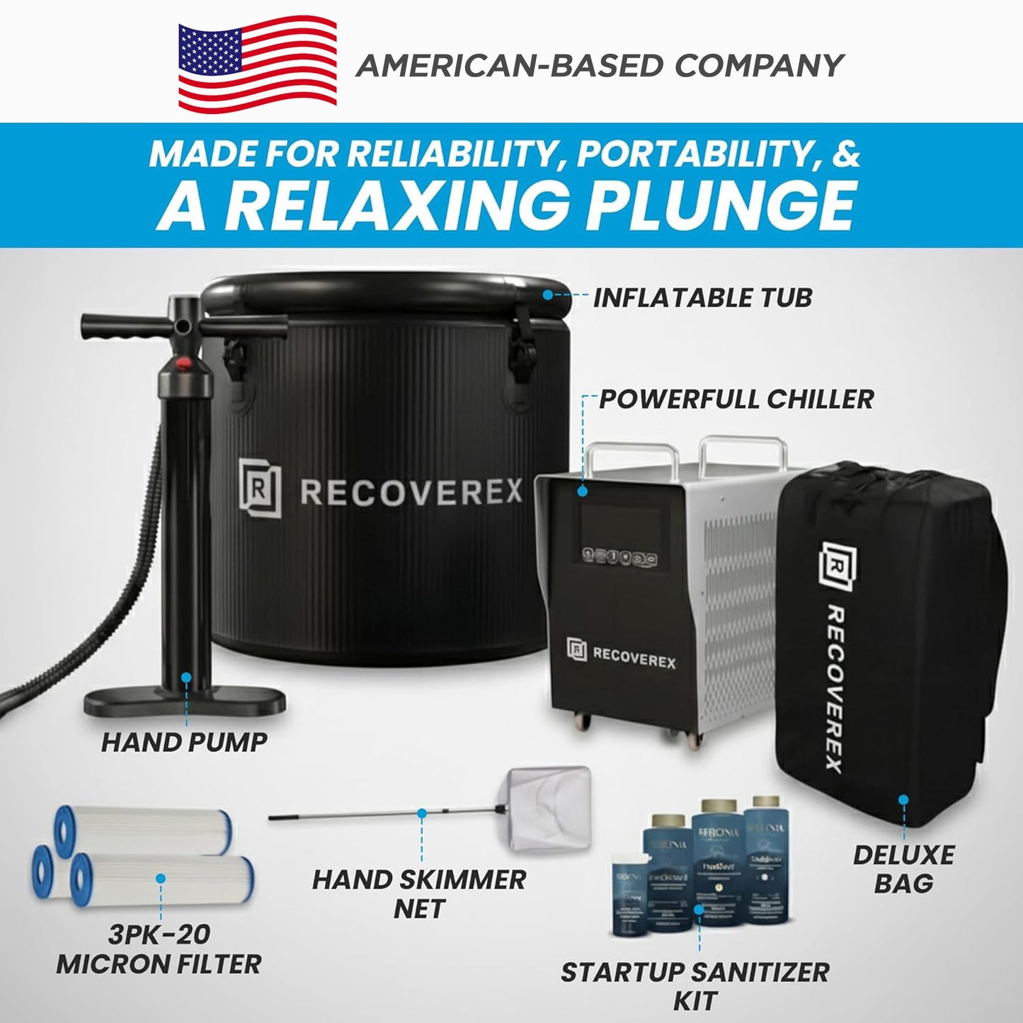 Recoverex Cold Plunge Tub, 88 Gallon, 0.8 Horsepower – Heavy-Duty Ice Bath Tub for Athletes, Portable Cold Plunge Chiller with Water Treatment Kit, Immersion Therapy, WiFi Control, Backpack & Wheels