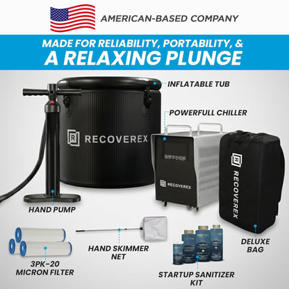 Recoverex Cold Plunge Tub, 88 Gallon, 0.8 Horsepower – Heavy-Duty Ice Bath Tub for Athletes, Portable Cold Plunge Chiller with Water Treatment Kit, Immersion Therapy, WiFi Control, Backpack & Wheels