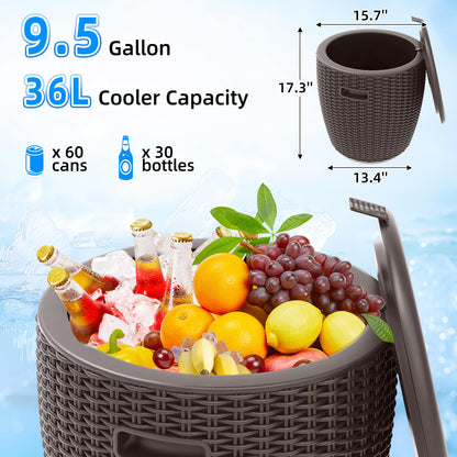 Outdoor Ice Cooler Side Table, 9.5 Gallon Beer and Wine Cooler for Patio Party, Portable Bar Table Rattan Pattern Round Portable Ice Chest, Patio Furniture & Beverage