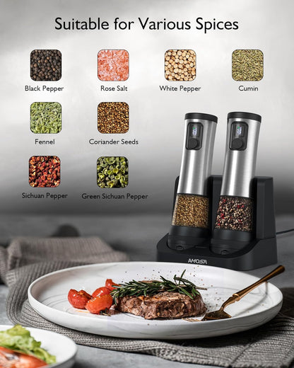 Skiennix Electric Salt and Pepper Grinder Set - Upgraded 2-Speed, Adjustable Coarseness, Rechargeable Stainless Steel Mill with LED Light
