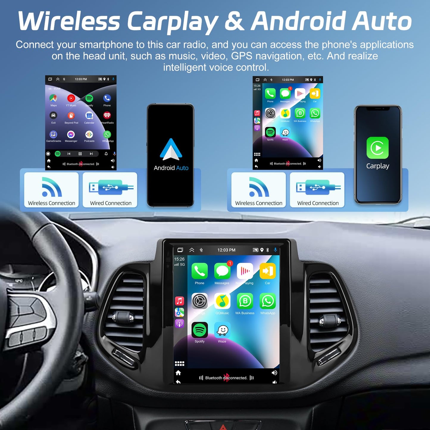 [2+64G] NHOPEEW Car Radio for Jeep Compass 2017 2018 2019 with Wireless Carplay and Android Auto - 9.7 Inch Touch Screen Android Car Stereo - DSP/GPS/WiFi/SWC/Bluetooth + AHD Backup Camera