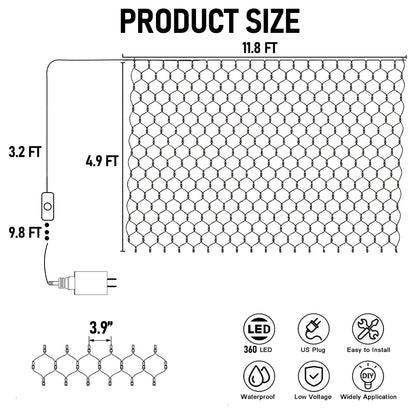 Dazzle Bright 360 LED Net Lights, 12FT x 5FT, Purple, Connectable, 8 Lighting Modes, Halloween Decorations