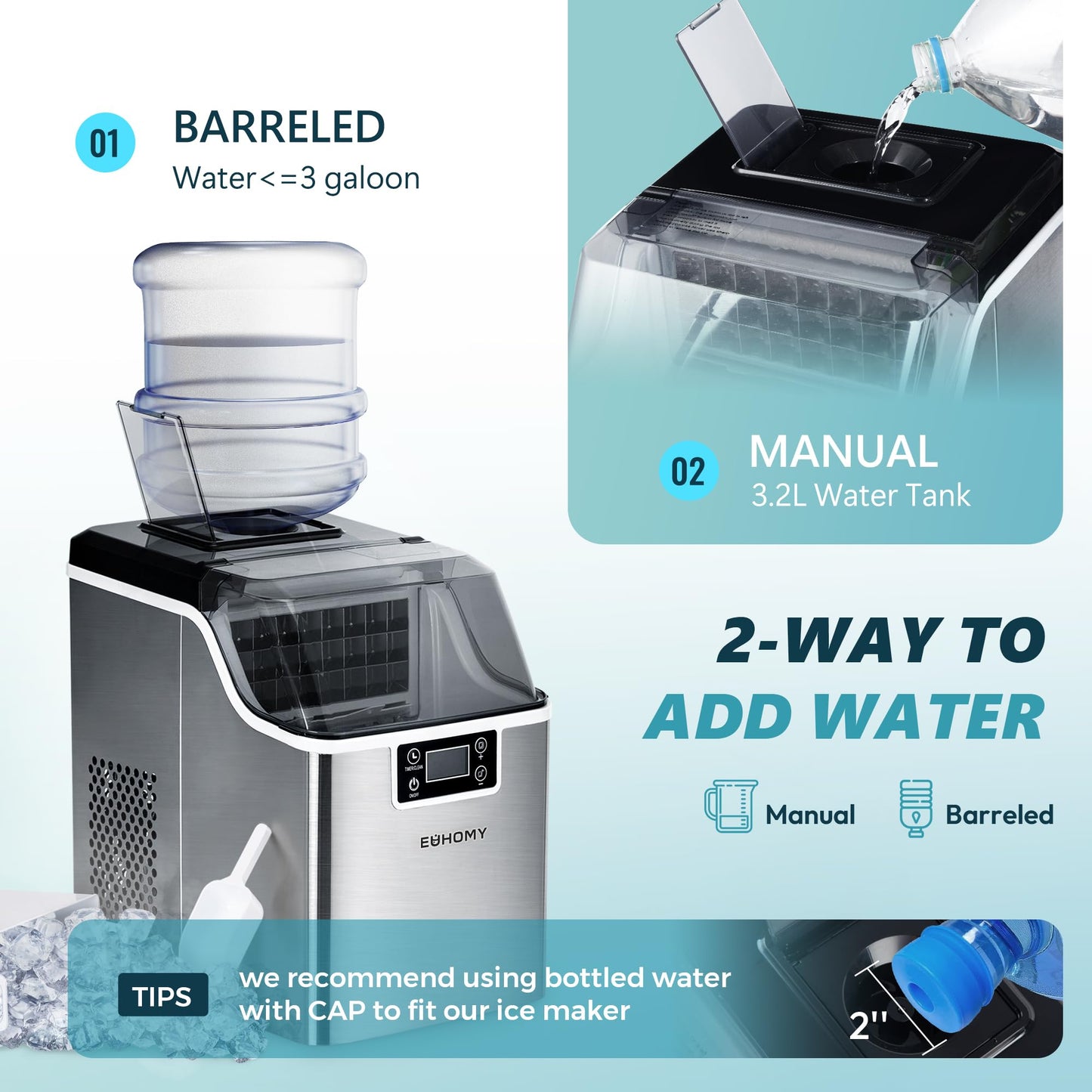 EUHOMY Ice Cube Maker Machine Countertop, 2 Ways to Add Water, 45Lbs/Day 24 Pcs Ready in 13 Mins, Auto-Cleaning Portable Compact, with Ice Scoop & Basket, Perfect for Home/Kitchen/Office/Bar (Silver)