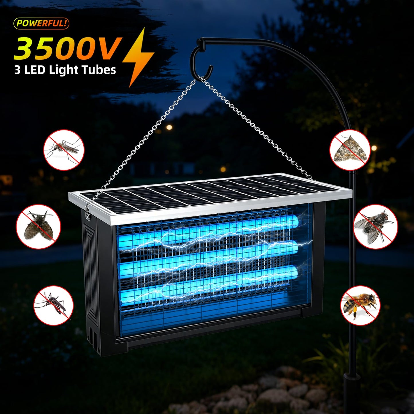 Solar Bug Zapper Outdoor, Poartable Rechargeable Mosquito Zapper with 3 LED Tubes, IPX4 Solar Fly Zapper, Cordless Portable for Patio Garden Backyard RV Camping, with 13W Solar Panel Covers 3000 sq.ft