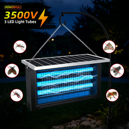 Solar Bug Zapper Outdoor, Poartable Rechargeable Mosquito Zapper with 3 LED Tubes, IPX4 Solar Fly Zapper, Cordless Portable for Patio Garden Backyard RV Camping, with 13W Solar Panel Covers 3000 sq.ft