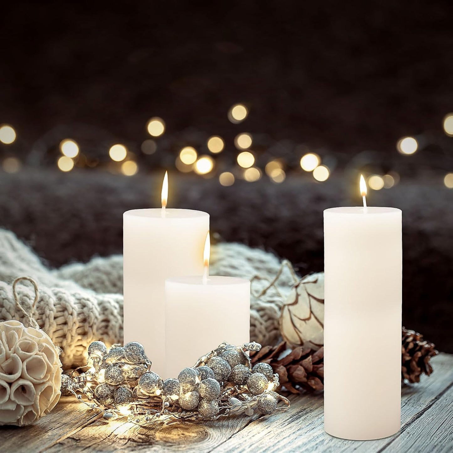 24 Pack Pillar Candles Bulk,Ivory Unscented Tall Candles,3 Sizes White Dripless Smokeless Wax Sticks for Wedding,Dinner Table,Christmas and Home Decor,24|45|60 Hours Burning