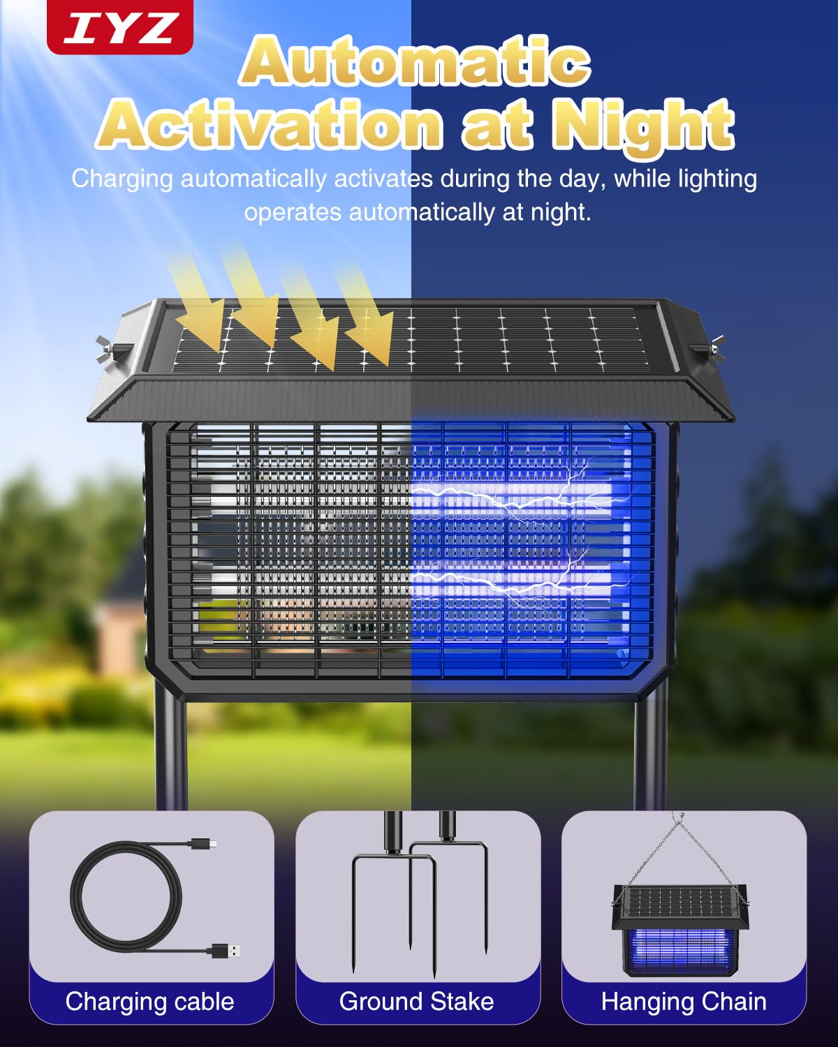 IYZ Solar Bug Zapper Outdoor, Waterproof Mosquito Zapper with Panel Sensor, Rechargeable Electric Bug Zapper Indoor Fly Trap, Camping Essentials for Patio Backyard Garden