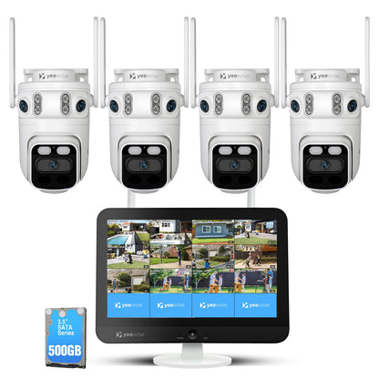 yeewise Triple Lens Wireless Security Camera System with 12" Monitor, 180° Wide View + 360° PTZ AI Tracking, WiFi 6, 16CH NVR, 24/7 Recording, 500GB HDD, No Monthly Fee, Plug-in Power
