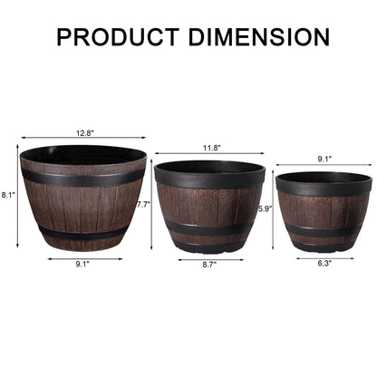 VECELO Plant Pots with Drainage Holes & Saucer, 9/11.3/13 Inch Flower Pots with Tray, 3 Pack Plastic Whiskey Barrel Planters for Indoor & Outdoor Garden Home Plants and Flowers