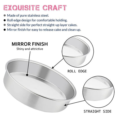 E-far 8 Inch Cake Pan Set of 3, Stainless Steel Round Layer Cake Baking Pans, Non-Toxic & Healthy, Mirror Finish & Dishwasher Safe