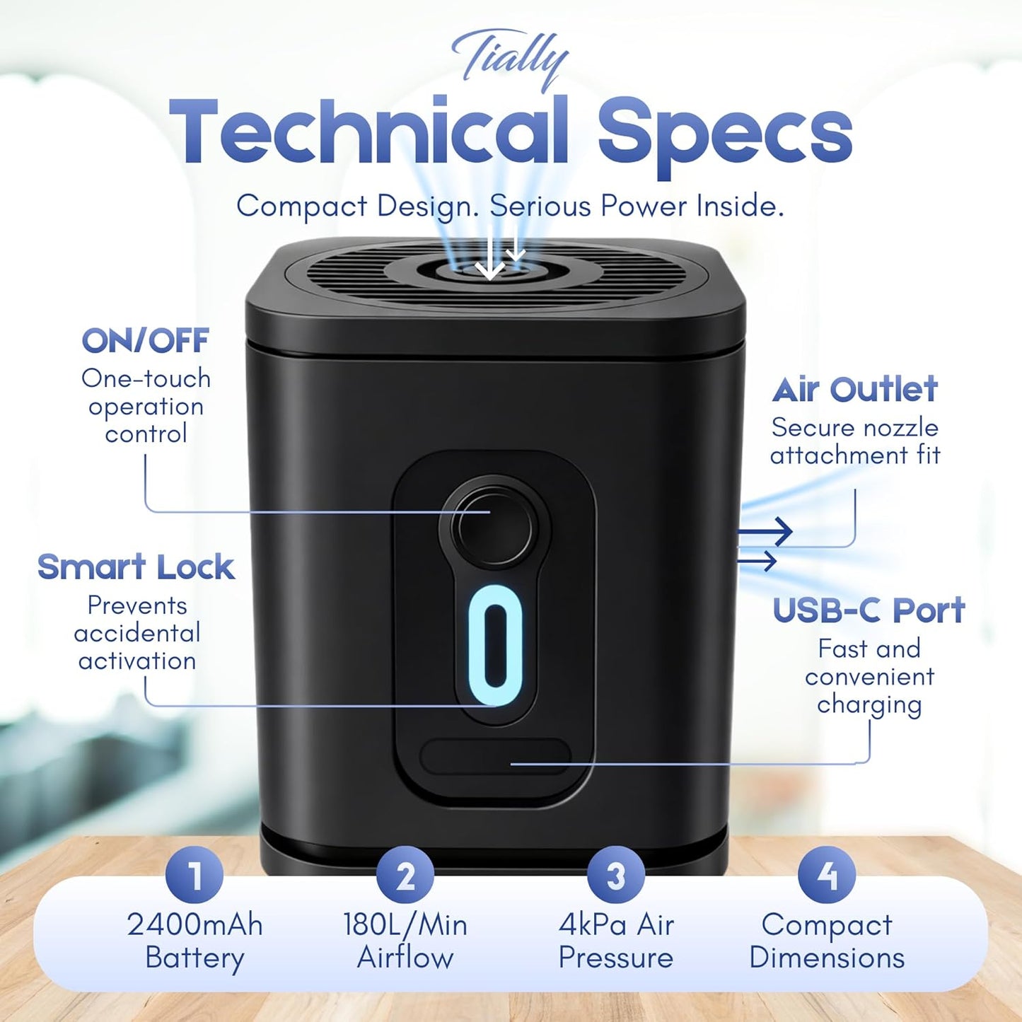 TIALLY Portable Air Pump - Fast Mini Electric Inflator with Rechargeable Battery for Pool Floats, Air Mattresses & Toys
