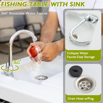 Avocahom Folding Fish Cleaning Table Portable Camping Sink with Faucet Drainage Hose & Sprayer Outdoor Fillet Station Grid Rack Knife Groove for Picnic Fishing, Black