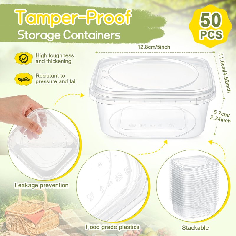Yiyiring 50 Pack 16 oz Tamper Proof Clear Deli Containers with Lid Disposable Square Plastic Deli Sandwich Tiramisu Airtight Meal Container for Refrigerator Dishwasher Microwave Take out Kitchen