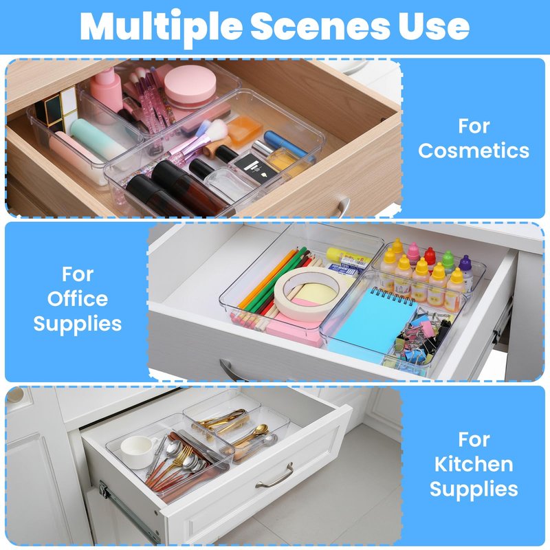 12 Pack Drawer Organizer - 3 Sizes, Clear Plastic Kitchen Drawer Organizers Set, Versatile Bathroom and Vanity Organizer Trays,Storage Bins for Makeup, Bathroom, Jewelries and Office