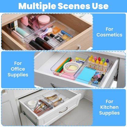 12 Pack Drawer Organizer - 3 Sizes, Clear Plastic Kitchen Drawer Organizers Set, Versatile Bathroom and Vanity Organizer Trays,Storage Bins for Makeup, Bathroom, Jewelries and Office