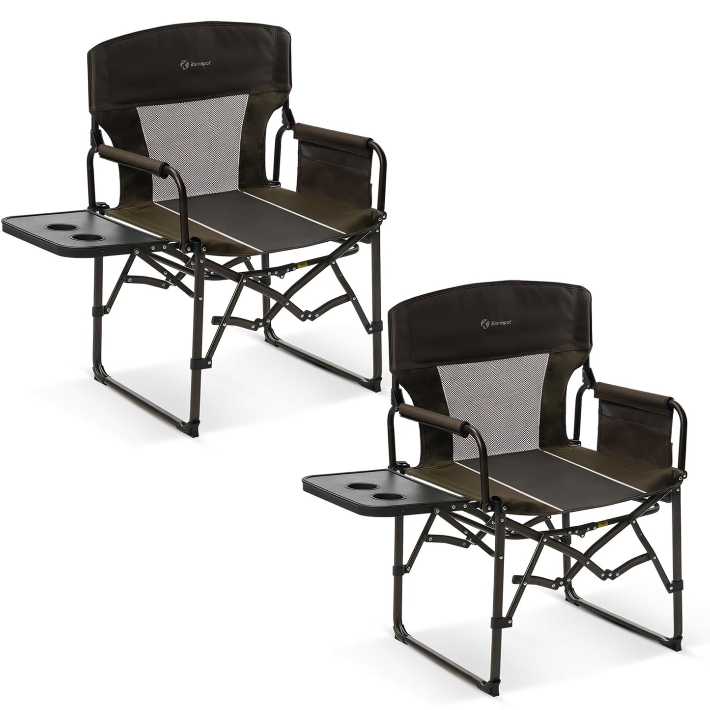 kamopot Directors Chair Foldable with Side Table, 400lb Heavy Duty for Adults Outdoor, Folding Camping Chair for Sideline Sports, Fishing, Patio, Lawn, Picnic, Beach, 2-Pack Brown