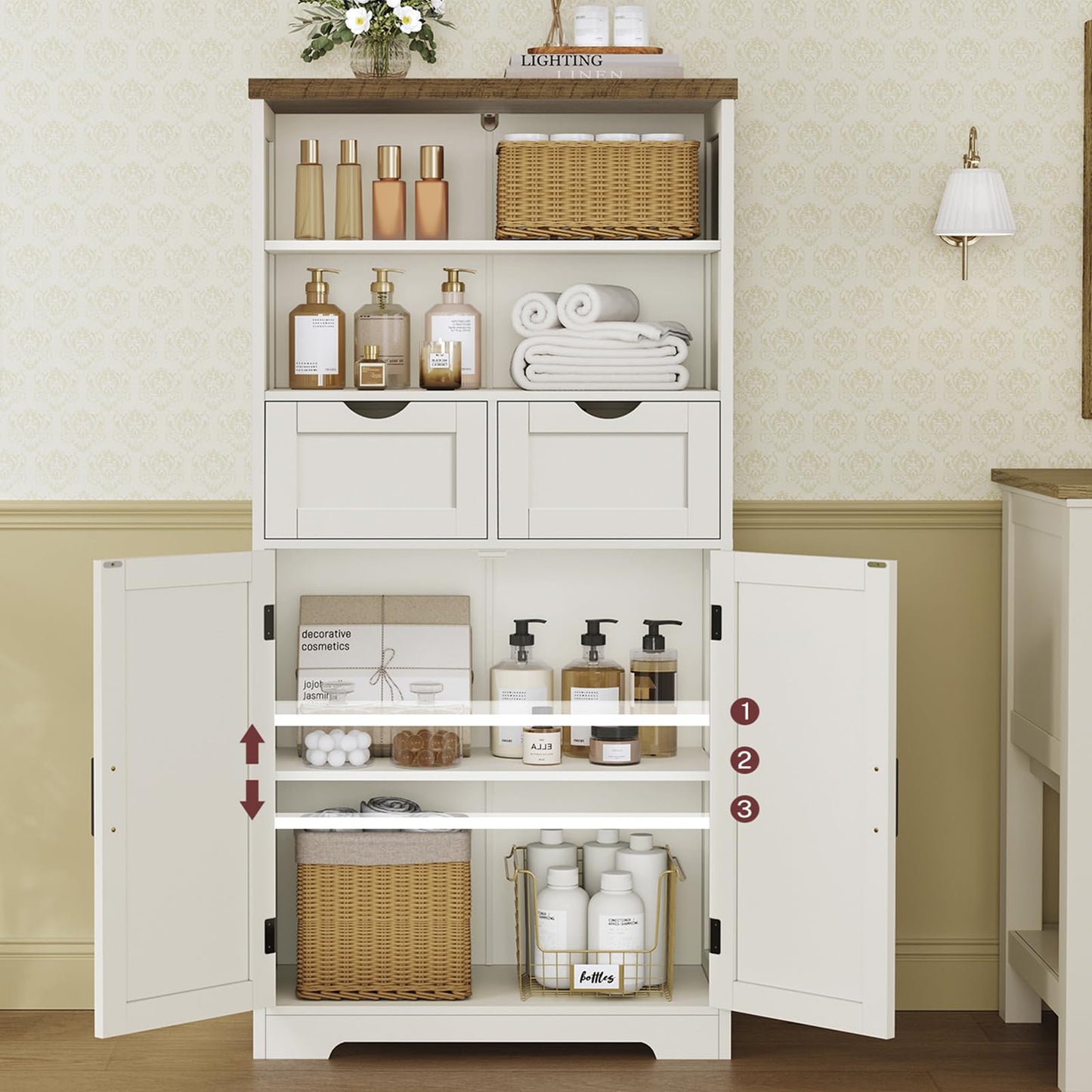 TEENFON Storage Cabinet with Doors & 2 Drawers, Kitchen Cabinet with Adjustable Shelf, Pantry Cabinets, Bathroom Cabinets, for Living Room, Entryway, Home Office, White