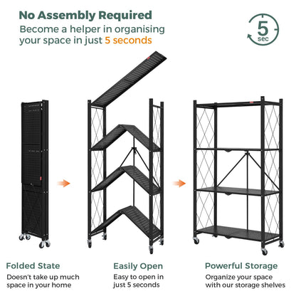 DEANIC 4 Tier Foldable Storage Shelves with Wheels, Large Capacity Shelving Unit, Freestanding Metal Wire Shelf Rack, No Assembly Organizer Rack for Garage Kitchen, Basement, Pantry(Black Pack of 2)