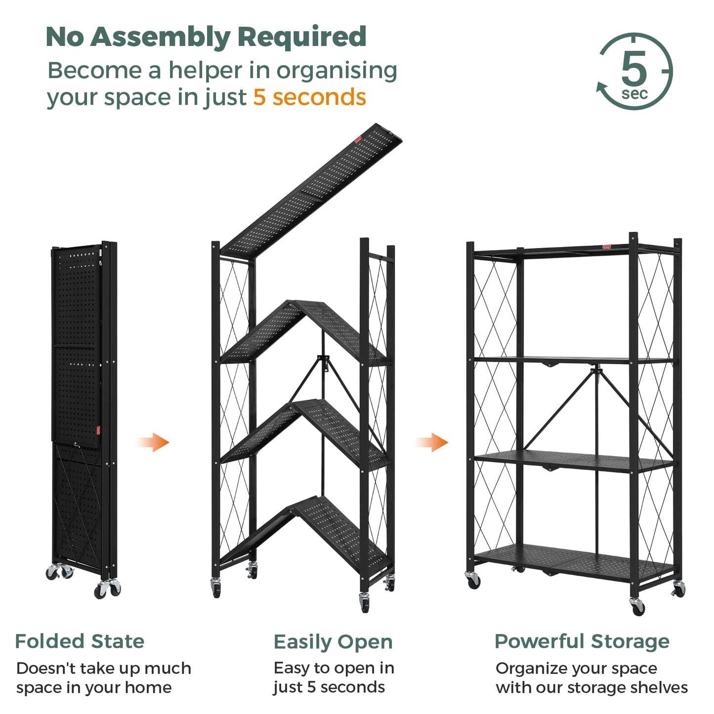 DEANIC 4 Tier Foldable Storage Shelves with Wheels, Large Capacity Shelving Unit, Freestanding Metal Wire Shelf Rack, No Assembly Organizer Rack for Garage Kitchen, Basement, Pantry(Black Pack of 2)