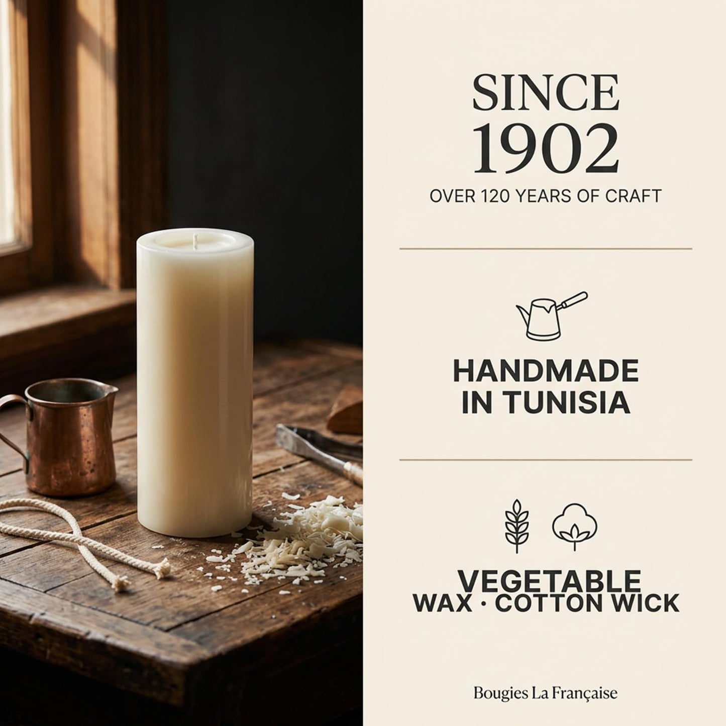 Bougies La Française Unscented Pillar Candle, Ivory, Made in Tunisia, Ready-to-Light Cotton Wick Included, Vegetable Wax Decorative Candle, 3.15" Diameter × 7.87" Tall, Approx. 125-Hour Burn Time