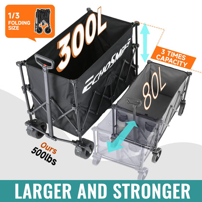 EchoSmile Collapsible Foldable Extended Wagon with 500Lbs Weight Capacity, 300L Folding Utility Wagon Cart with Big All-Terrain Wheels for Beach,Sport,Garden&Grocery (Black)