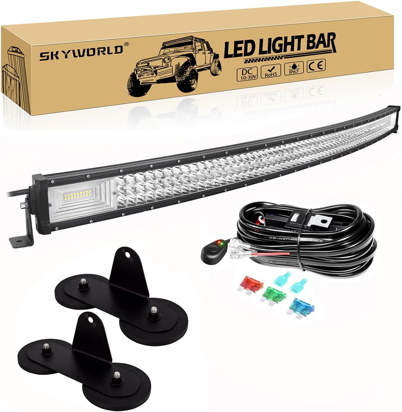 SKYWORLD 52" Curved Off Road LED Light Bar, 675W Triple Row Flood/Spot Combo Beam with 2 Magnetic Mounts & Wiring Harness Kit - 12V/24V for Trucks, SUVs, UTV, ATV, Tractors, Trailers, 6000K White