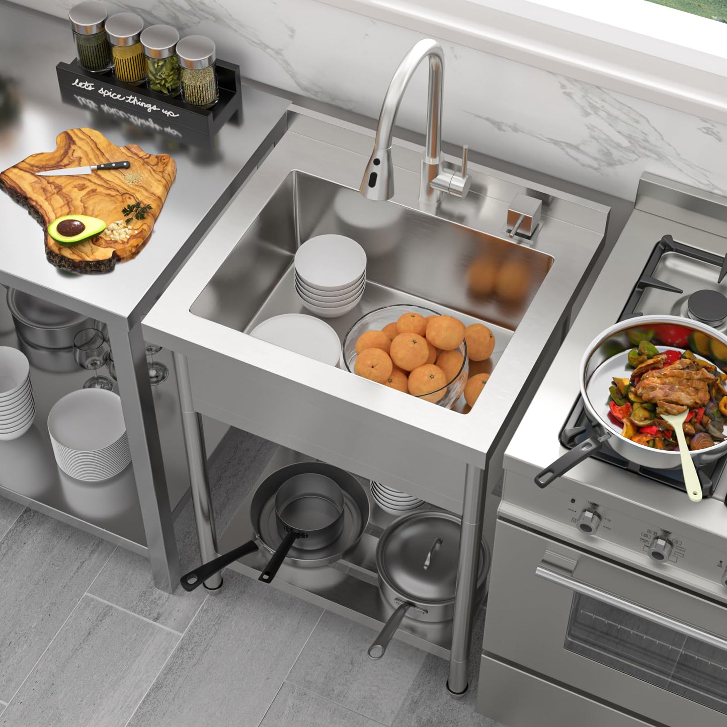 Sarlai Stainless Steel Utility Sink Freestanding Commercial Restaurant Kitchen Sink Outdoor Sinks Single Bowl Laundry Utility Kitchen Sinks With Faucet for Garage Outdoor Indoor Basin